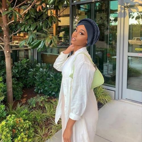 Image of DRESHOW African Women Turban Caps Beanie Twist Headscarf Pre-Tied Double Twisted Braid Hair Cover Wrap Hat Chemo Cancer Cap
