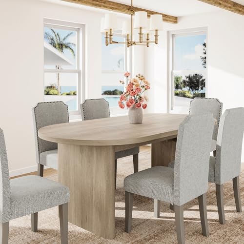 GarveeHome 7-Piece 70.8 Inch Oval Dining Table Set with Upholstered Dining Chairs, Kitchen Table with Wood Base, High Back Dining Chair with Wood Legs for Kitchen (1* Table + 6* Chairs, Gray+Gray)