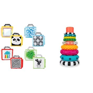Sassy Reversible Soft Sensory Activity Panels, 4Count, Ages 0& Stacks of Circles Stacking Ring STEM Learning Toy, Age 6+ Months, Multi, 9 Piece Set