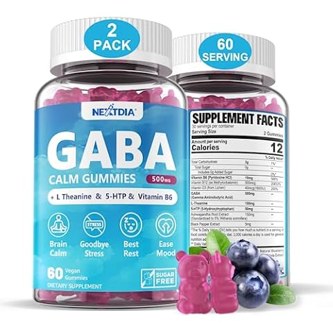 GABA Gummies 500 mg - Sugar-Free Calm Gummies with L Theanine, 5-HTP, Vitamins D3, B12, Ashwagandha, Melatonin-Free for Brain Calm, Mood, Zzz Better, GABA Supplement for Adult, Blueberry Flavor, Vegan Cover