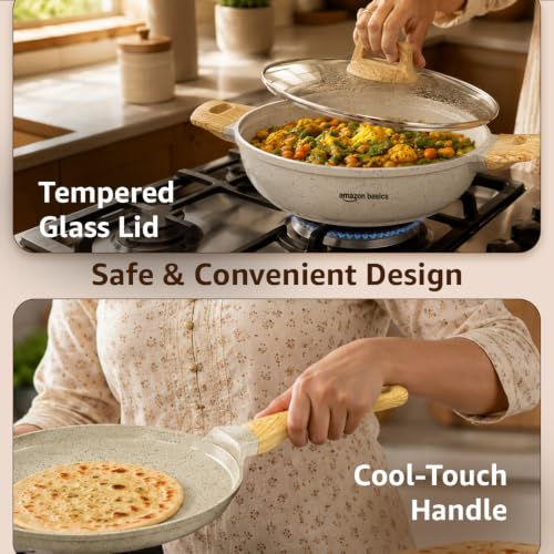 Image of Amazon Basics Ceramic Non Stick Cookware Set 3 Pieces | 28cm Dosa Tawa, 24cm Fry Pan, 24cm Kadai with Glass Lid (2.3L) | Gas & Induction Compatible | Wooden Finish Bakelite Handle | Ivory