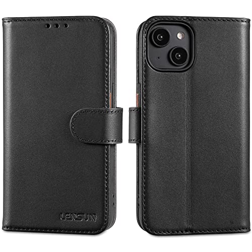 LENSUN Coque pour iPhone 14, Étui Cuir Véritable Portefeuille Housse [RFID Blocage] avec Rangements Cartes et Fermoir Magnétique Compatible avec Apple iPhone 14 (6,1")- Noir(14G-JT-BK) Cover