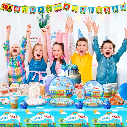 Zug Geburtstag Party Supplies Geschirr Set,16 Gäste Partygeschirr KinderGeburtstag, Zug Geburtstag Teller Servietten Partybecher Tischdecke Zug Banner Etctrain Kindergeburtstag Deko