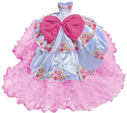 Ruffled Mexican Quinceanera Dresses with Bow Embroidery Flowers Ball Gown Puffy Layered Prom Gown SE029