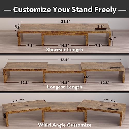 BONTEC-Dual-Monitor-Stand-Riser-with-Smartphone-Holder-Adjustable-Length-Swivel-Angle-Wooden-Desktop-Organizer-Stand-PC-Riser-for-PC-Monitor-Laptop-Printer-Rustic-Brown
