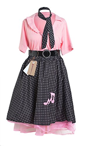 Emmas Wardrobe de 1950 Rock and Roll Señoras Disfraz Incluye Lunar de la Falda, Camisa Rosa, Cinturón Negro y Bufanda -por Despedidas o Grasa Pink Lady