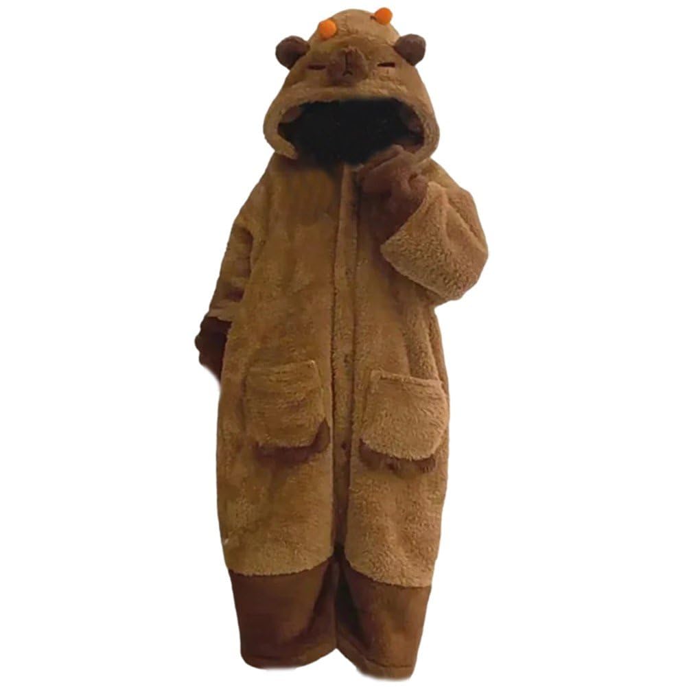Pyjama Capibara Mignon, Chemise De Nuit en Polaire Corail d'hiver, Chaude avec Clips Orange, Vêtements De Nuit