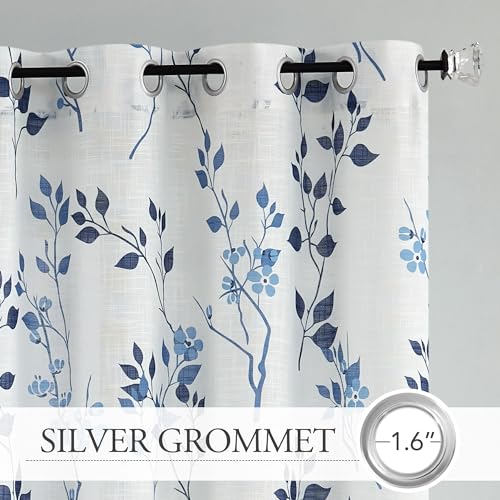 Image of Beauoop Floral Linen Semi Sheer Curtains Living Room Blue Navy 50x108 2 Set