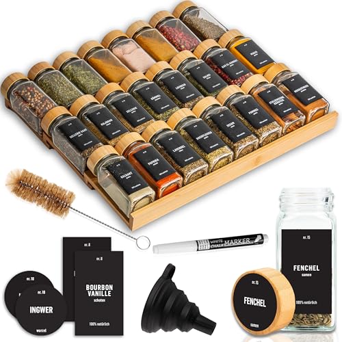 Deco haus® Range epices cuisine tiroir avec Pots Lot de 24 avec Étiquettes - Rangement épices tiroir - Organisateur epice Grande Capacité Extensible
