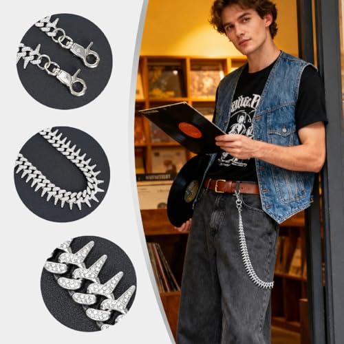 DIKJAK Spiked Rhinestone Chain for Jeans & Necklace - Edgy Streetwear Side Pants Chain Accessory with Studs, Unisex Gothic Punk Waist Chain Gift Silver