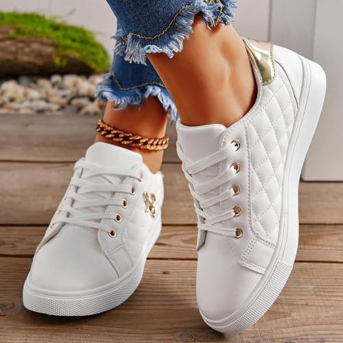 Women's Sneakers 2025 Fashion Round Toe Comfortable Lace Up Metal Decor Flats Breathable Padded Insole Low-Top Classic Platform Orthopedic Slip on Soft Tennis Shoes for Running Walking Sports3