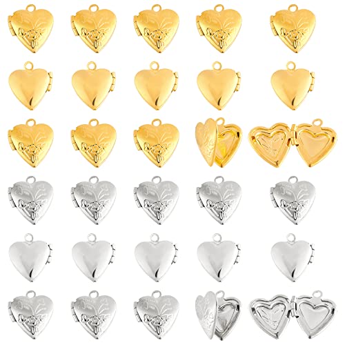 NBEADS 40 Pcs Brass Locket Pendants, 2 Colors Photo Frame Charms Heart Shape Pendants for DIY Craft Jewelry Making Gift Decoration, 15.2x13.2x4.6mm