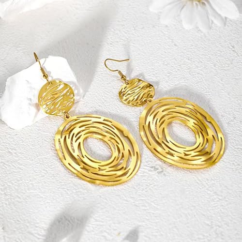 Big Gold Dangle Earrings, Hollow Out Boho Earrings for Women, Long Dangling Bohemian Earrings, Handmade Trendy Geometric Fish Hook Statement Earrings3