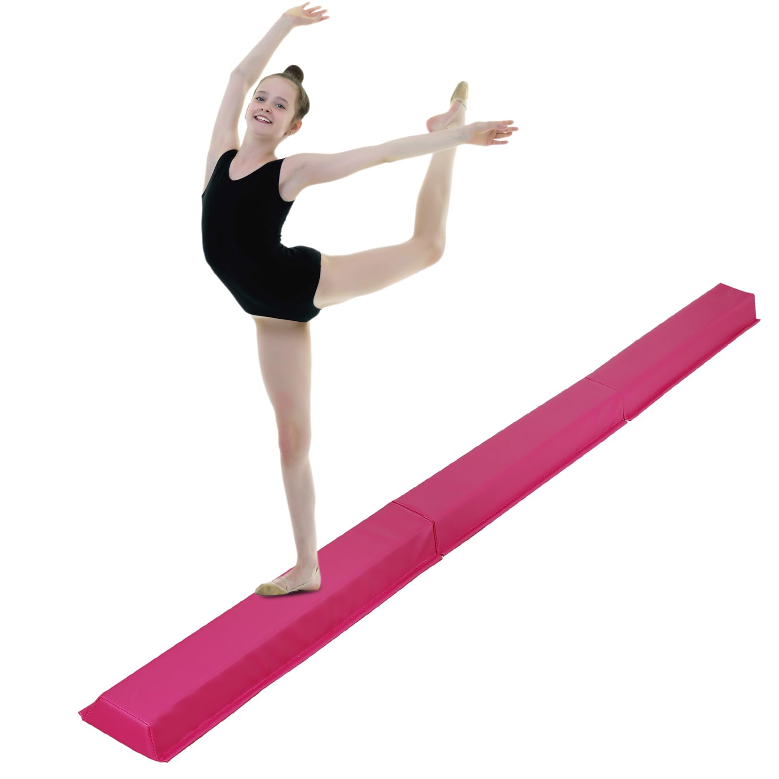 LEMY Folding Gymnastics Balance Beam, 9FT Anti-Slip Foam Walking Beams, Portable Floor Beam for Kids, Adults, Home Gym, Training, Pink