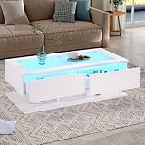 EURHCIO Table Basse Salon 50x100x35 cm,Table Basse Blanche,Meuble Bas Rangement avec Éclairage LED,2 Tiroirs,Plateau en Verre,Base Rectangulaire Robuste,pour Salon (F-Blanc)