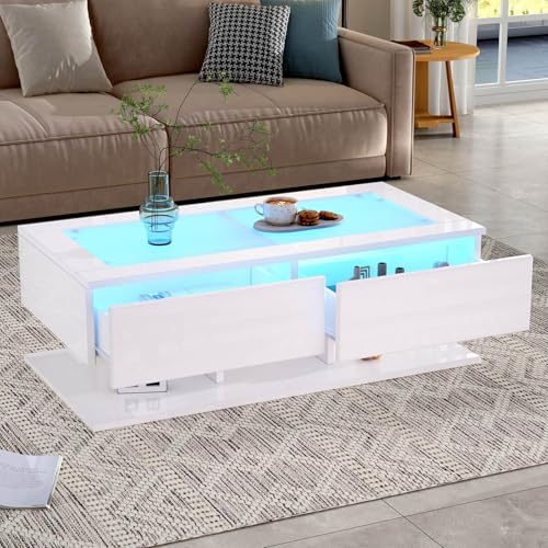 EURHCIO Table Basse Salon 50x100x35 cm,Table Basse Blanche,Meuble Bas Rangement avec Éclairage...