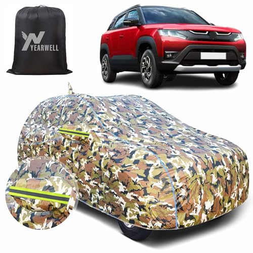 Image of Car Body Cover for Maruti Brezza, 100% Waterproof with Mirror & Antenna Pockets, Military Print Design, UV & Dust Protection, Triple Stitched, Sky Piping & Reflector (Jungle Print)