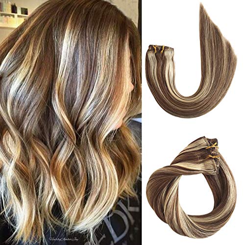 Human Hair Extensions Clip on Double Weft Blonde Highlights Clip in Real Remy Hair Extensions for Women 120G Full Head Straight Balayage Chestnut Brown with 613 Blonde Highlights 7pcs 17 Clips 16 Inch
