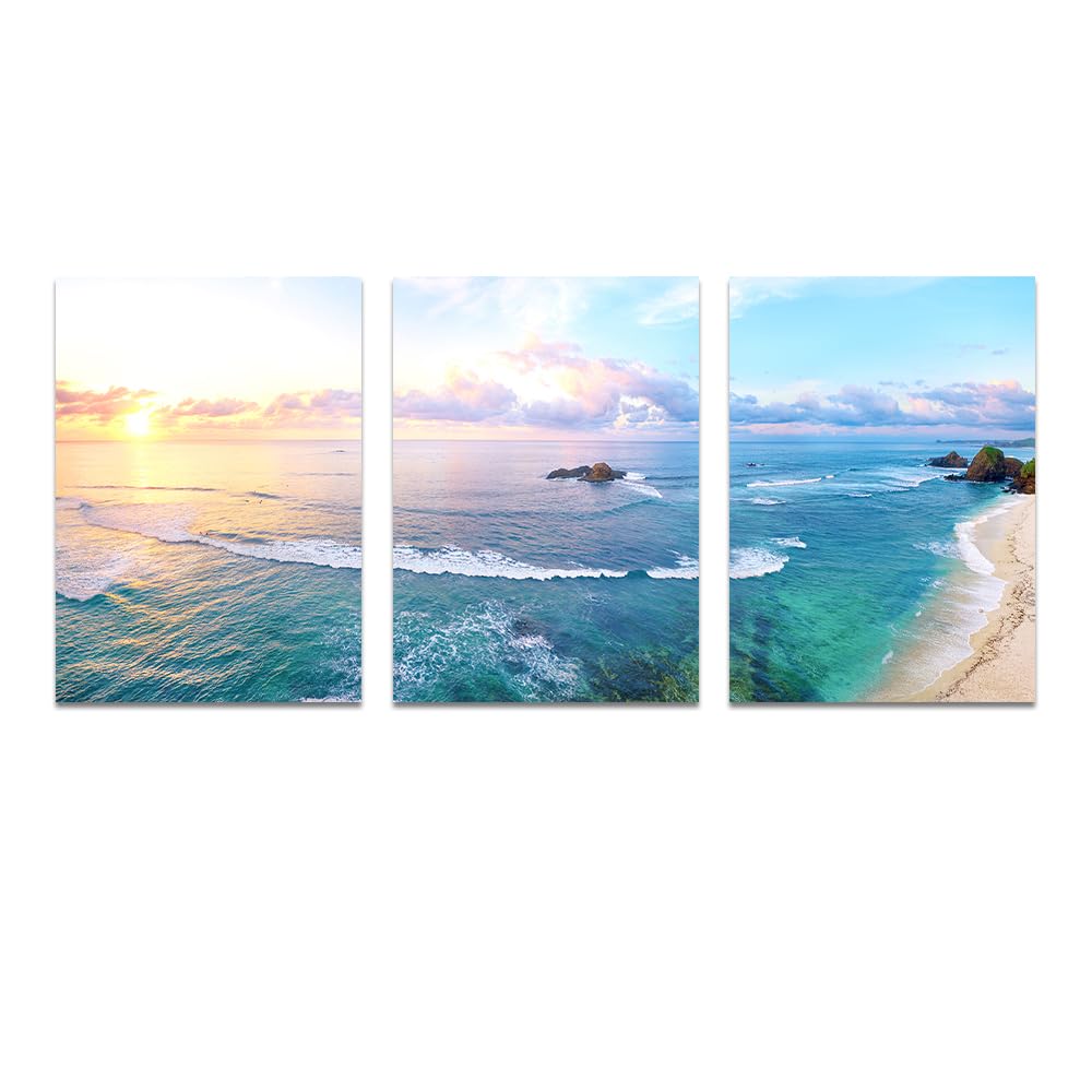 PEWFBS 3PCS Sunset Ocean Seascape Canvas Painting for Living Room Blue Sea White Beach Picture Seascape Wall Art Decorative(30x45cmx3/Without frame)