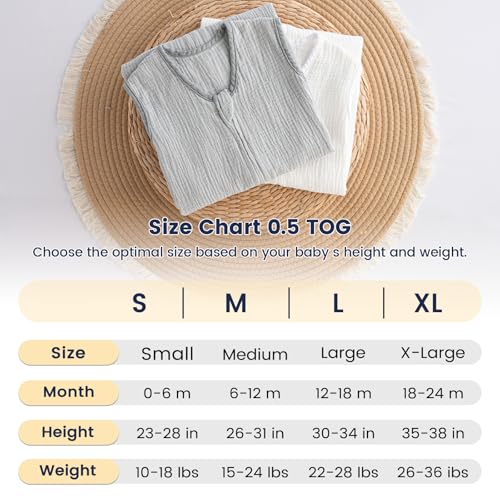 Image of PHF Soft Muslin Cotton Baby Sleep Sack 18-24 Months, 2 Pack 100% Cotton Sleeping Sack for Summer, 0.5 TOG Baby Wearable Blankets with 2-Way Zipper, Sleep Sacks for Boys Girls Newborn, White & Grey