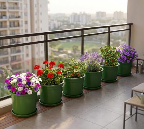 Image of 12 Inch Glossy Forest Green Plastic Planter with Bottom Plate | Heavy Duty Flower Pot with Tray for Indoor Home Decor, Balcony, Living Room & Outdoor Garden (6 Pot, Forest Green)