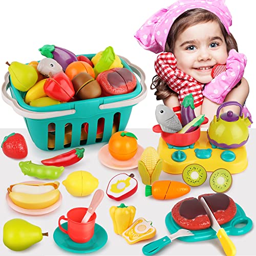 iPlay, iLearn Cutting Play Food Toys Set, Toddler Cooking Playset W/ Basket, Kids Pretend Kitchen Accessories, Fruits Vegetables, Knife Pots Dishes, Learning Birthday Gifts for 3 4 5 6 Boy Girl Child