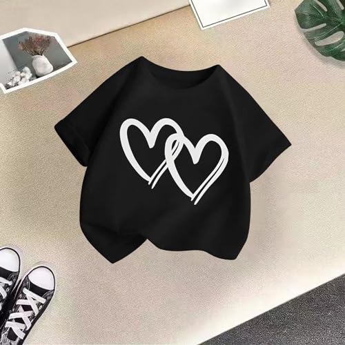 Girls Short Sleeve T Shirts Love Heart Print Soft Tee Crewneck Loose Breathable Lightweight Casual Summer Blouse Tops 3-12Y4