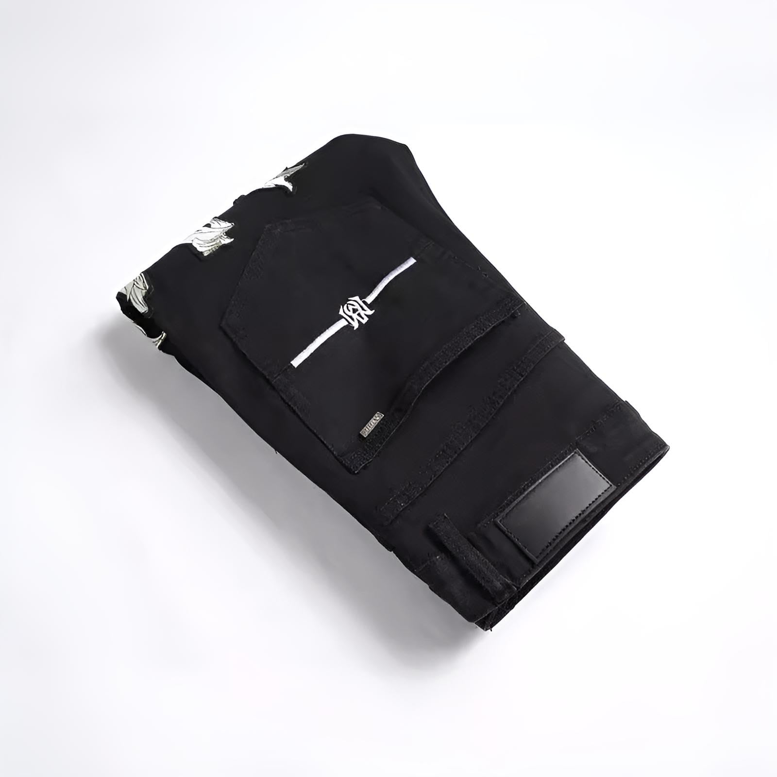 Vaqueros Hombre Slim Fit Rasgados – Vaqueros Negros de Mezclilla Elástica con Diseño Moderno y Versátil, Inspiración Y2K Streetwear Hip-Hop para un Look Urbano y Actual
