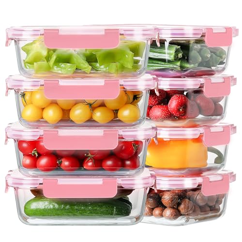 Image of 8 Pack 36oz Large Glass Meal Prep Containers with lids, Glass Food Storage Containers with Leak Proof Snap Lock Lids , Airtight Bento lunch Boxes, Kitchen Storage, Oven and Dishwasher Safe-Pink