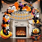 112 Stück Halloween Dekorationen Horror Luftballons Set, Gruselige Aluminiumfolie Spinnenhexenhut, Kürbisgeist, Mondkatze, Schädel Ballons, Happy Halloween Banner, Fledermaus Deko für Garten Bar Party
