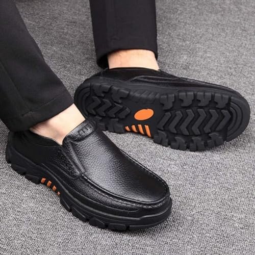 Mens Fashion Cow Leather Shoes Genuine Soft Slip On Waterproof Comfy Non Slip Casual Oxfords for Man(Black,8.5)4