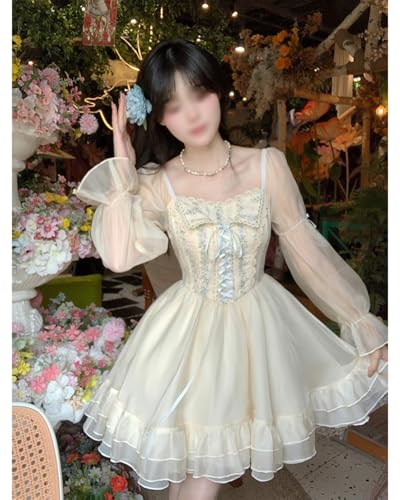 Sweet High Waist Casual Ruffle Long Sleeve Floral Dress Lace Bow Pleated Swing Hem Cute Dresses Princess Party Dress4