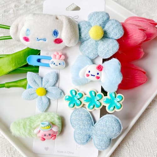Image of PALAY 8Pcs Cute Cinnamoroll Hair Clips for Girls Kids, Kawaii Cartoon Tic Tac Barrettes, Plush Flower Baby Hair Accessory, Blue