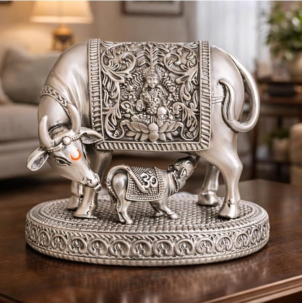 Image of KYAT 999 Pure Silver Plated Kamdhenu Cow with Calf Idol | 2.5 Inch Vastu Showpiece for Pooja Room & Mandir | Symbol of Prosperity & Wealth | Diwali Griha Pravesh Gift