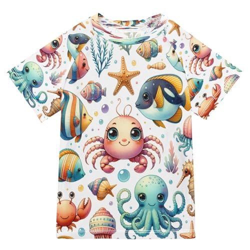 Toddler Boy Rash Guard Short Sleeve Swim Shirt Ocean Theme Print Rashguard 5-6T Beach Shirts Quick Dry,128