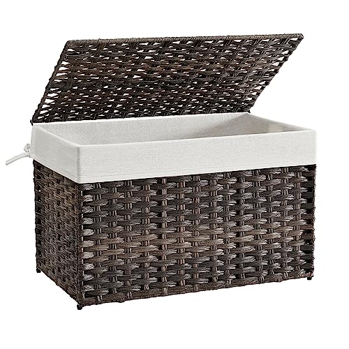 Image of SONGMICS Storage Basket with Lid, Woven Blanket Storage Bin with Handles, Foldable, Removable Liner, Metal Frame, for Bedroom, Laundry Room, 27.7 Gallons (105 L), Brown URST066K01