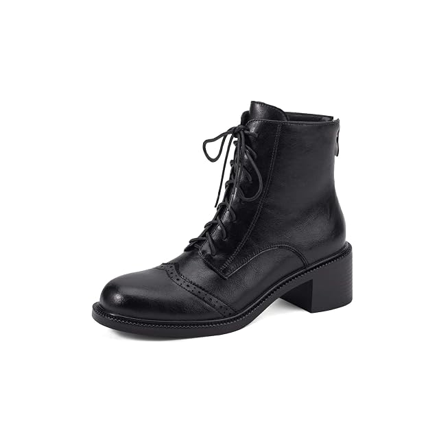 TinaCus Womens Lace Up Booties Handmade Genuine Leather Round Toe Back Zipper Chunky Heel Oxfords Ankle Boots