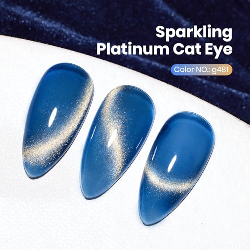 Image of Beetles Blue Cat Eye Gel Nail Polish - Frosted Sapphire Cat Eye Gel Polish, 15ML Gold Powder Blue Glitter Gel Polish Magnetic Shimmer Effect Soak Off UV Nail Art Design Manicure Gifts for Women