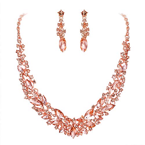 BriLove Wedding Bridal Necklace Earrings Jewelry Set for Women Austrian Crystal Marquise Cluster Collar Necklace Dangle Earrings Set Peach Morganite Color Rose-Gold-Toned