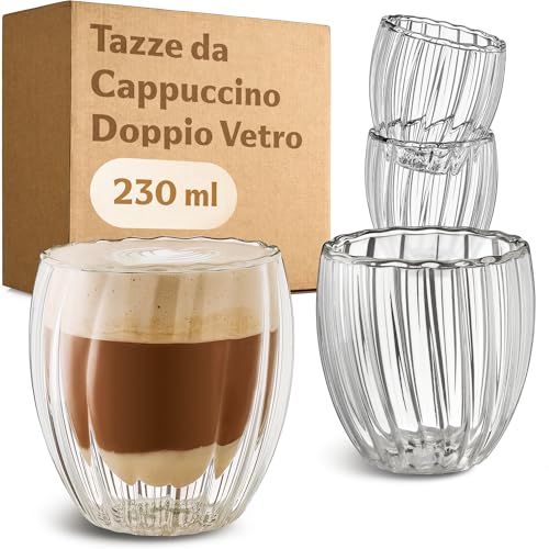 Cosumy Tazzas da Cappuccino in Doppio Vetro 230ml - Set di 4 tazze da caffè - Design con effetto Galleggiante - Lavabile in lavastoviglie - Si Mantiene Calda a Lungo
