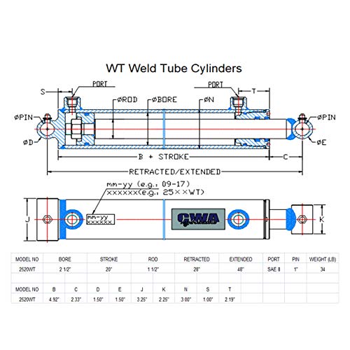 Image of WT Weld Cross Tube Hydraulic Cylinder 2 1 /2 inch Bore x 20 inch Stroke x 1 1 /2 inch Rod x SAE 8 Port x 3000 PSI