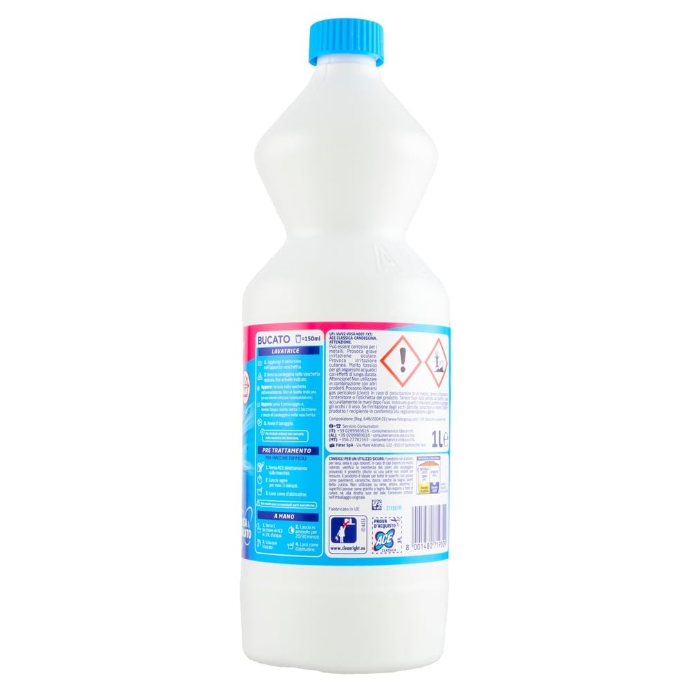 8x Ace Bleichmittel Candeggina Classica - Bleiche für Oberflächen und Wäsche 1Lt + Beni Culinari Kostenloser Schlüsselanhänger