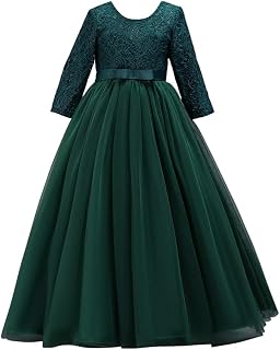 Flower Girls Long Lace Bridesmaid Dress 3/4 Sleeves Floor Length Wedding Party Evening Formal Pegeant Maxi Tulle Ball Gowns
