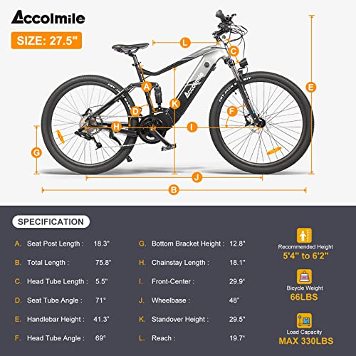 Accolmile 27.5" Electric Mountain Bike : Colabear Adult Ebike With 8Fun 48V 750W Mid Drive Motor & 17.5Ah Removable Lithium Battery & Dpc18 Display, Shimano 8 Speed Gears (Black & Gray) #TOP3