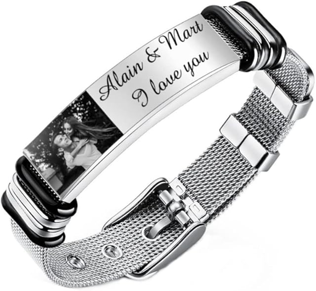 Bracelet for Mens Personalised Engraved Customize Photo & Text Men's ID Bracelet for Dad Husband Bracelets Adjustable Size for Men Women Lovers Valentine's Day Birthday Gift