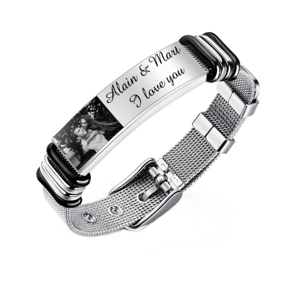 Lam Hub FongBracelet for Mens Personalised Engraved Customize Photo & Text Men's ID Bracelet for Dad Husband Bracelets Adjustable Size for Men Women Lovers Valentine's Day Birthday Gift