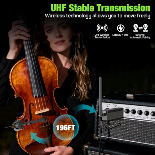 Image of UHF Wireless Violin Cello Microphone System Violin Pickup Clip-on Instrument Microphones with Transmitter and Receiver for Musicians, Teachers, Stage Performances, Active PA Systems, 196ft Range