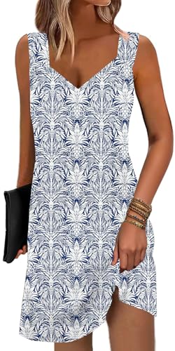 Image of SAUKOLE Summer Dresses for Women Casual Sleeveless Tank Dress Fashion V Neck Flowy Short Sundress