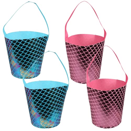 KRE Pink and Blue Mermaid Scale Easter Baskets with Handles 12.125x7.125 Inches Bags for Kid Canvas Easter Eggs Hunt Bag Easter Basket Tote Bag Gift Storage Easter Hunting Pack of 4 with Bonus Onvasy