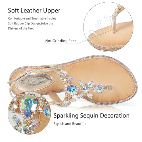 Image of iCKER Women Rhinestone Sandals T-Strap Buckle Bohemian Pearl Crystal Flat Sandals